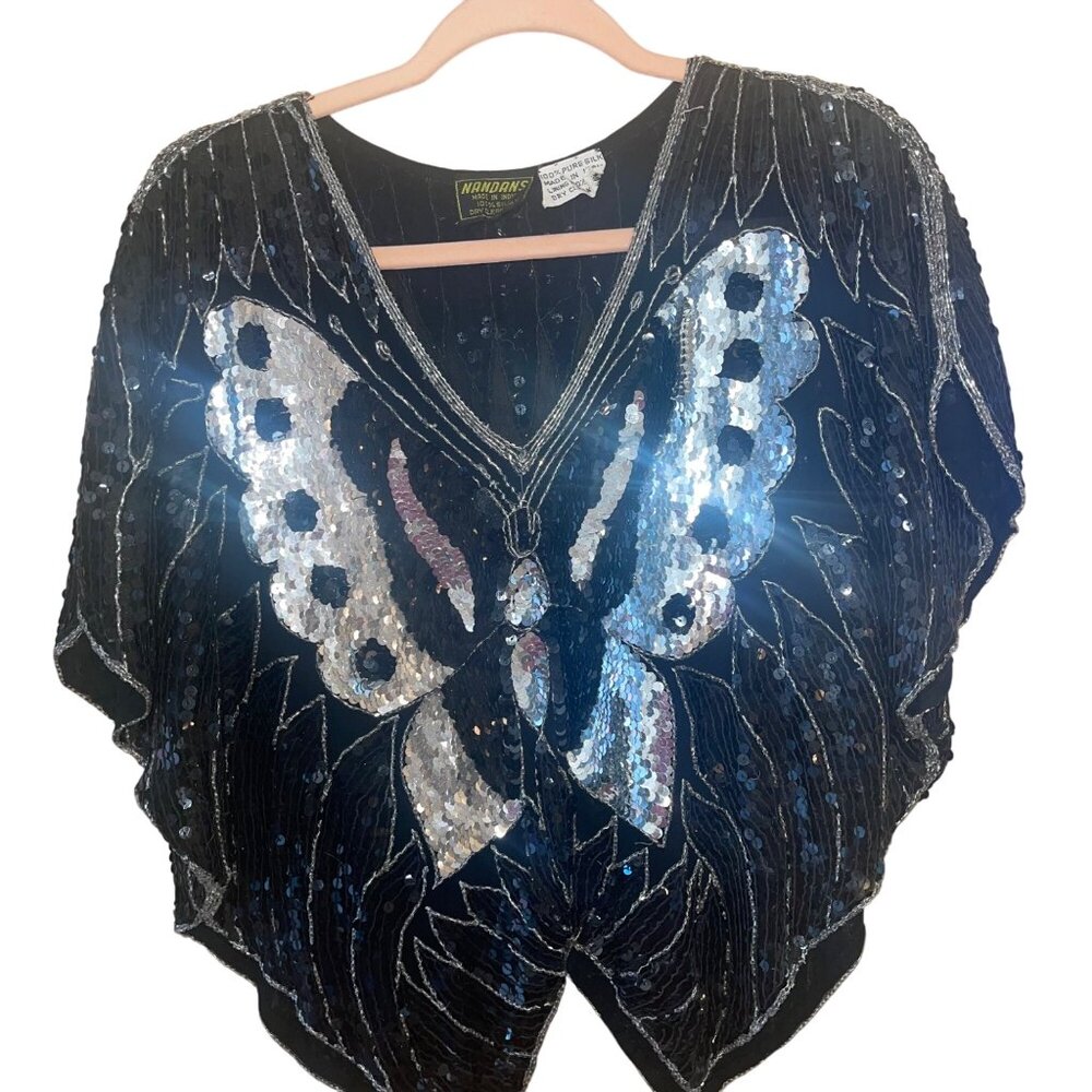 Nandans Vintage Womens Top One Size Black Sequin Butterfly V Neck Pure Silk